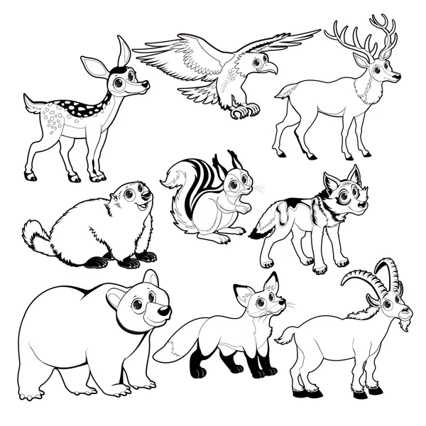 Bois et animaux de montagne en noir et blanc — Image vectorielle