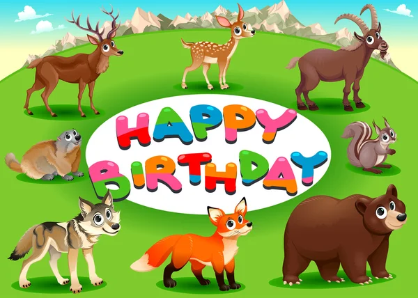 Happy Birthday card with mountain animals — Stock Vector