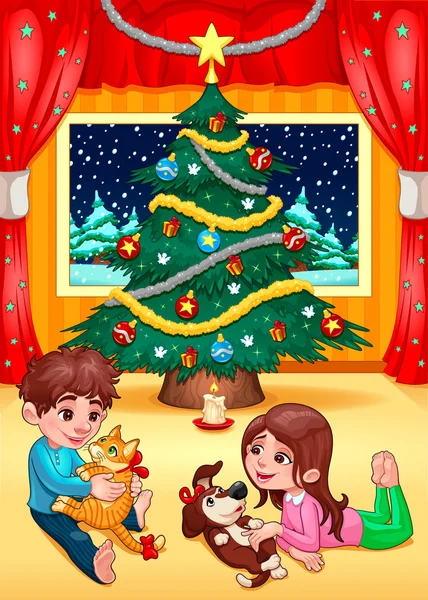 Christmas scene with children and pets — Stock Illustration Christmas scene with children and pets Royalty Free Stock Vectors