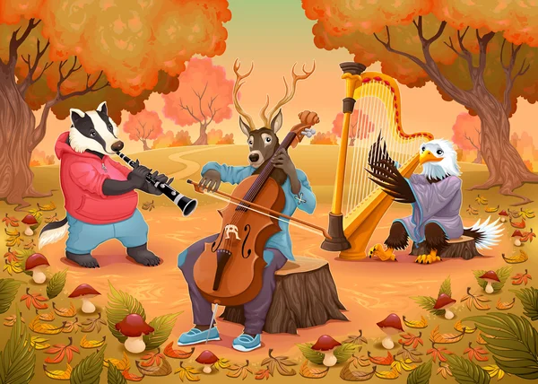 Musician animals in the wood — Stock Vector