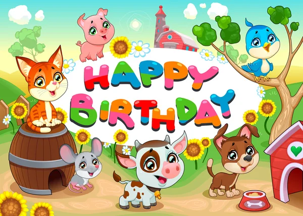 Tarjeta de feliz cumpleaños con animales de granja — Vector de stock