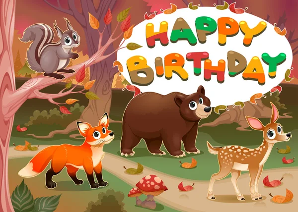 Happy Birthday card with wood animals — Stock Vector