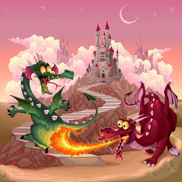 Dragones divertidos en un paisaje de fantasía con castillo — Vector de stock