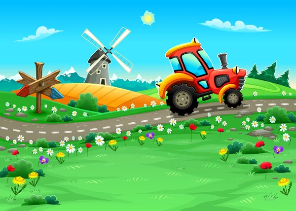 Paisaje divertido con tractor en la carretera — Archivo Imágenes Vectoriales