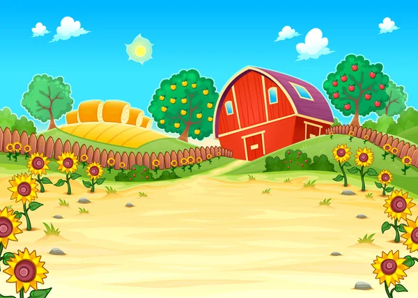 Paesaggio divertente con la fattoria e girasoli — Vettoriale Stock