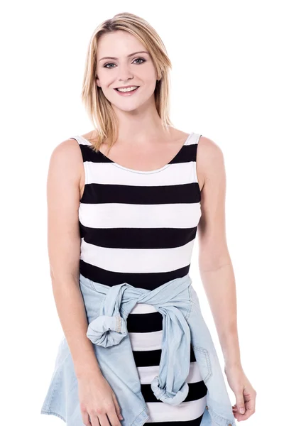 Young woman in striped dress — Stock Photo, Image