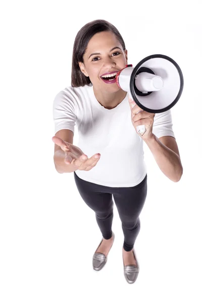 Mulher bonita com alto-falante . — Fotografia de Stock