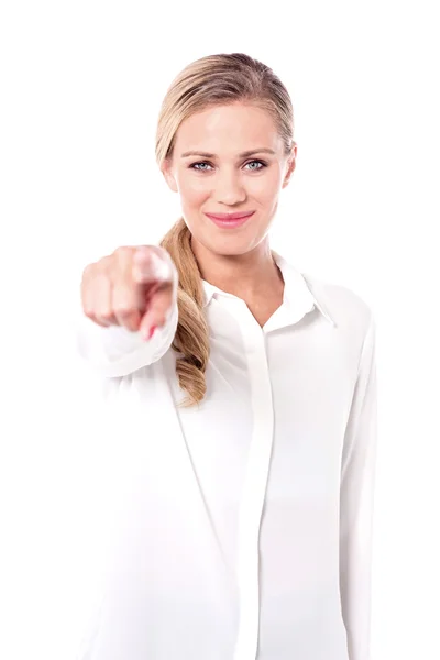 Lady pointing towards camera, — Stock Photo, Image