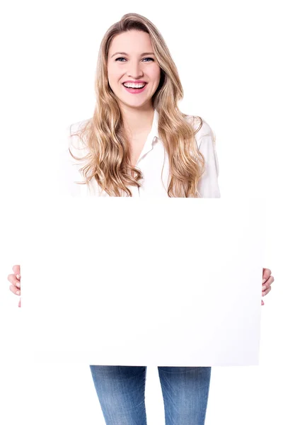 Woman holding whiteboard — Stock Photo, Image