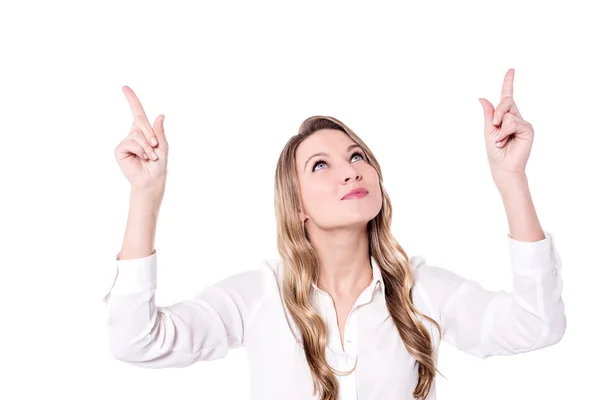 Vrouw op zoek naar boven wijzen en niet meer — Stockfoto