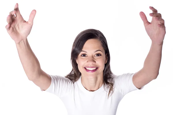 Happy woman with raised arms — Stock Photo, Image