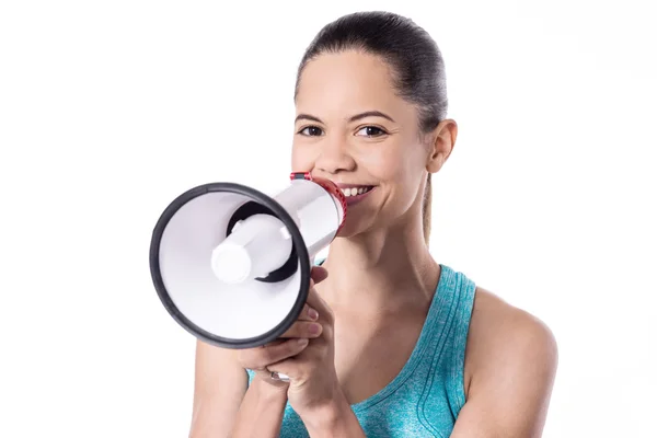 Jovem esportiva com megafone — Fotografia de Stock