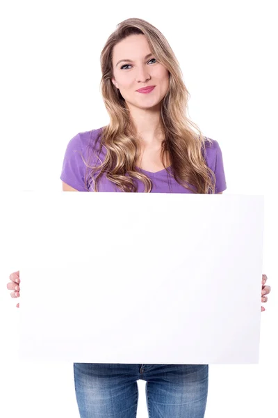 Woman holding a white ad board — Stock Photo, Image