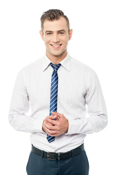 Corporate man posing with clasped hands — Stock Photo, Image