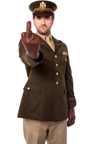 Angry army officer showing middle finger