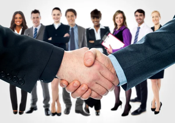 Shaking hands and business team — Stock Photo, Image