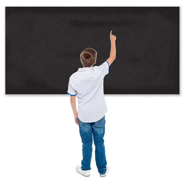 Student pointing on blank chalkboard — Stock Photo, Image