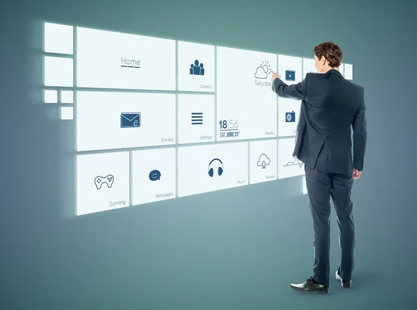 Business man touching on virtual screen — Stock Photo, Image