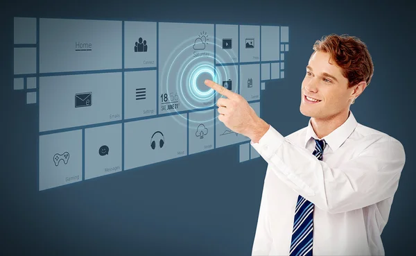 Business man pointing on futuristic virtual screen — Stock Photo, Image