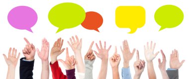 Hands with colorful speech bubbles clipart