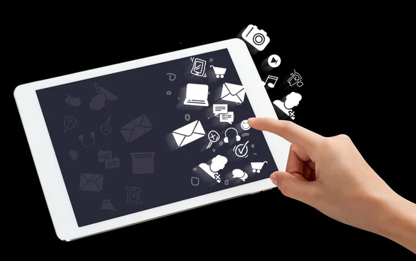 Hand touching tablet and multimedia icons — Stock Photo, Image