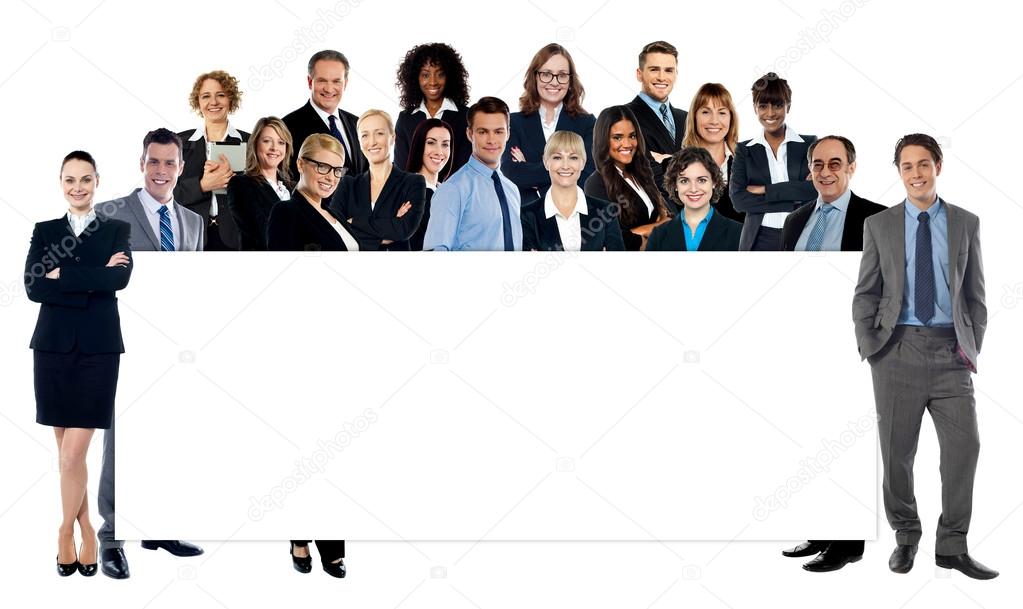 Business people presenting empty banner