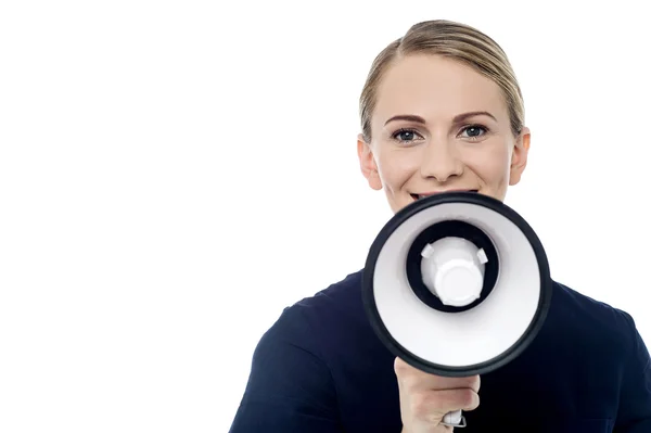 Corporate vrouw met loudhailer — Stockfoto