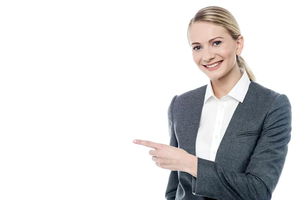 Business woman pointing by hand — Stock Photo, Image