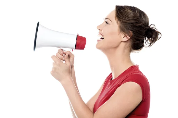 Pretty woman with loudspeaker — Stock Photo, Image