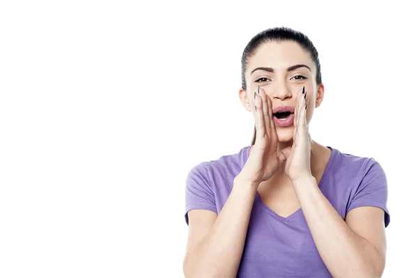 Woman with hands on mouth — Stock Photo, Image