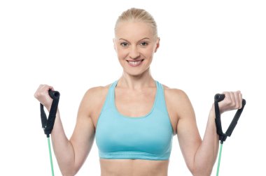 Bir direniş band ile egzersiz kadın