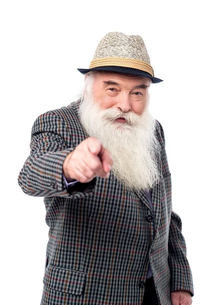 Elderly man pointing to front — Stock Photo, Image