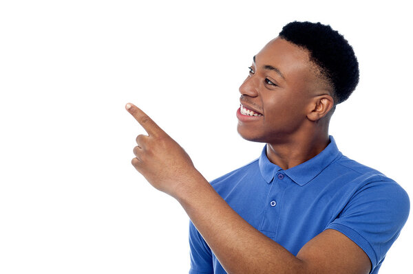 Man pointing to copyspace area