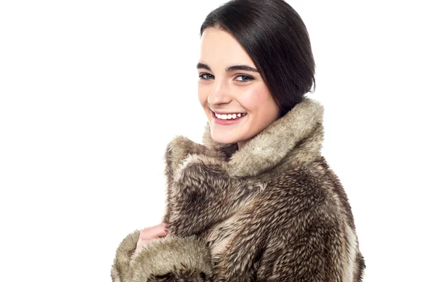Girl in fur jacket — Stock Photo, Image
