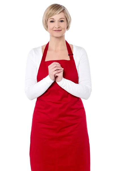 Vrouw chef-kok met handen geklemd — Stockfoto