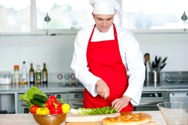 Chef masculin coupant des légumes — Photo