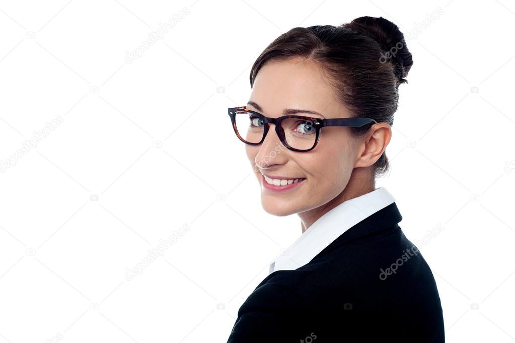 Corporate woman looking over shoulder