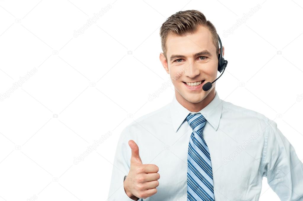 Customer support executive showing thumb up