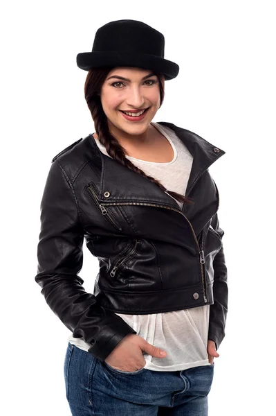 Woman posing with leather jacket — Stock Photo, Image