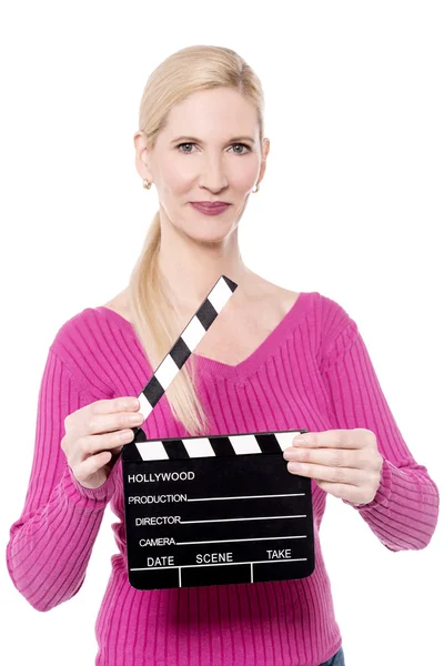 Woman holds an open film slate — Stock Photo, Image