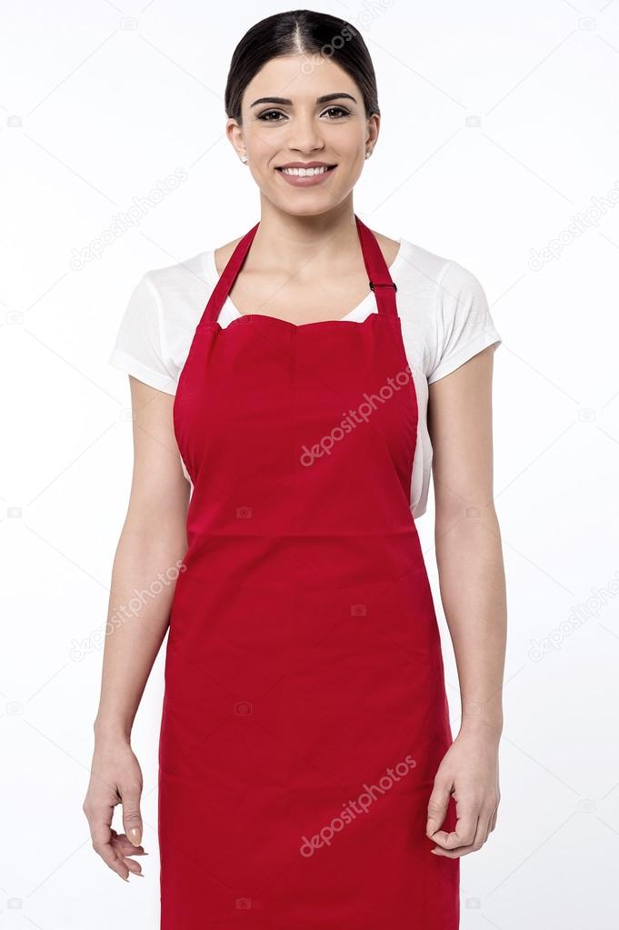 female chef in red apron