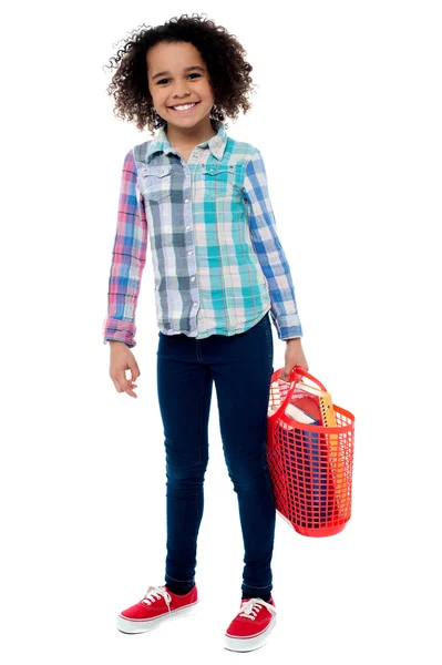 Happy school girl with basket — Stock Photo, Image