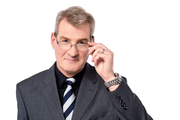 Person adjusting his eyeglasses — Stock Photo, Image