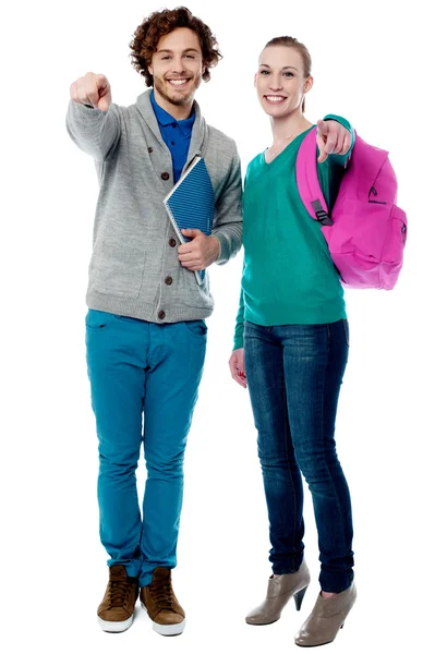 Classmates pointing fingers to camera — Stock Photo, Image