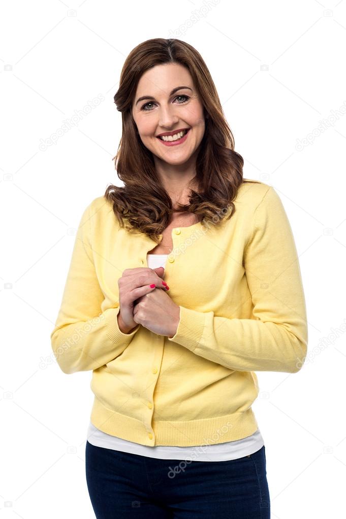 woman welcoming with clasped hands