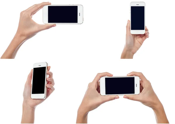 Человеческие руки со смартфонами — стоковое фото