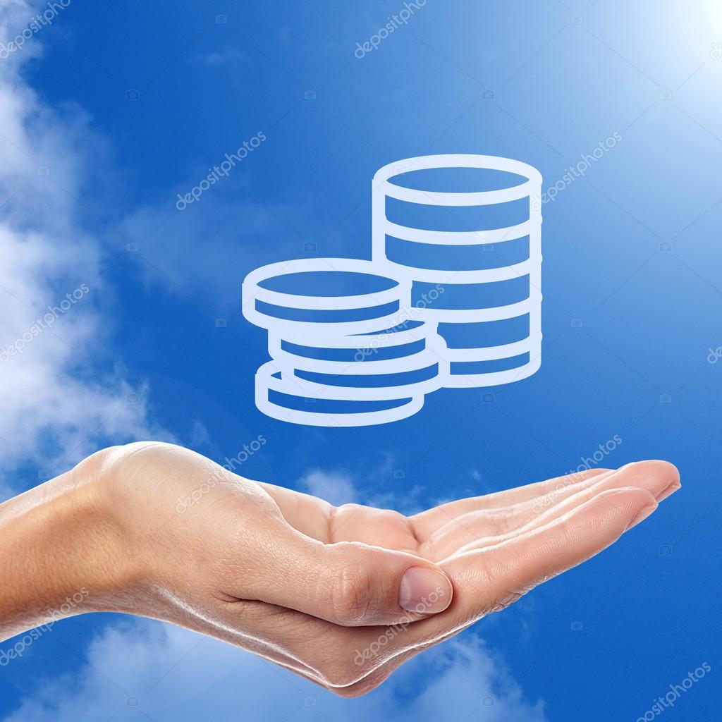 Save your earnings icon on hand with blue sky in background