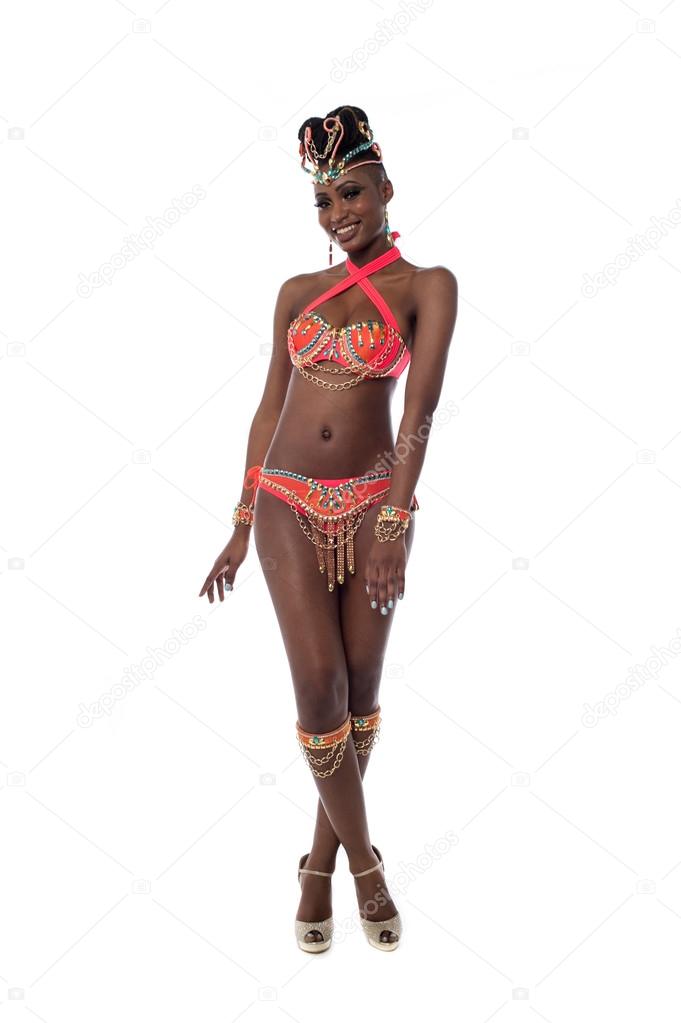 Pretty samba dancer, full length portrait.