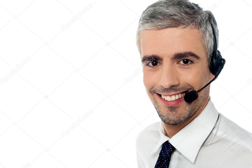 Sales executive wearing headset