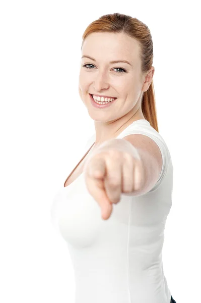 Woman pointing at the camera — Stock Photo, Image